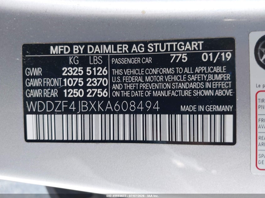 2019 Mercedes-benz E-klasse VIN WDDZF4JBXKA608494 IAAI salvage auction — RIGHT REAR, Salvage (California), sold $8,200 on 2026-08-11 (photo 9)