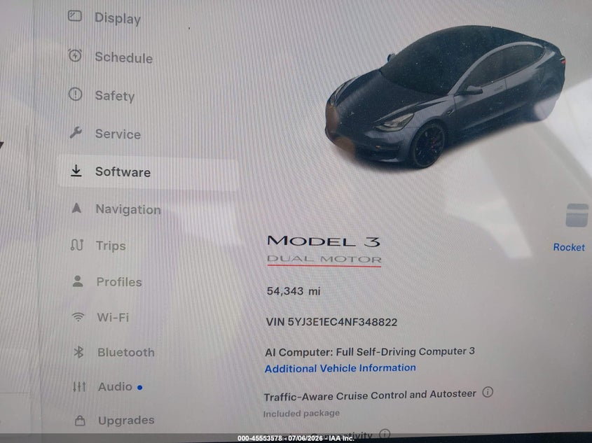 2022 Tesla Model 3 VIN 5YJ3E1EC4NF348822 IAAI salvage auction — FRONT END, Salvage (North Carolina), sold $6,400 on 2026-08-02 (photo 7)