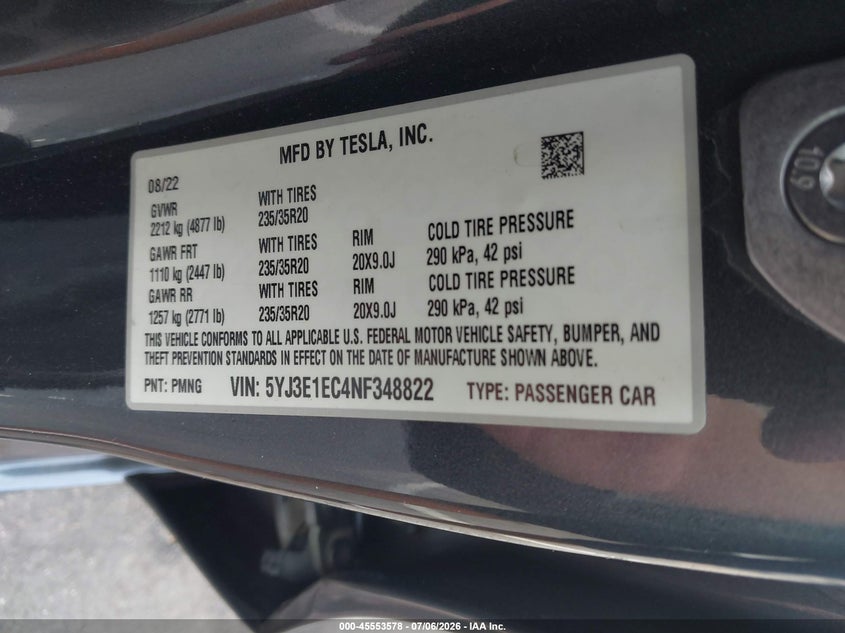 2022 Tesla Model 3 VIN 5YJ3E1EC4NF348822 IAAI salvage auction — FRONT END, Salvage (North Carolina), sold $6,400 on 2026-08-02 (photo 9)