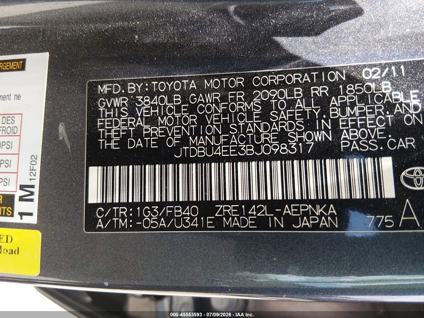 2011 Toyota Corolla VIN JTDBU4EE3BJ098317 IAAI salvage auction — FRONT END, Salvage (Texas), sold $925 on 2026-08-02 (photo 9)