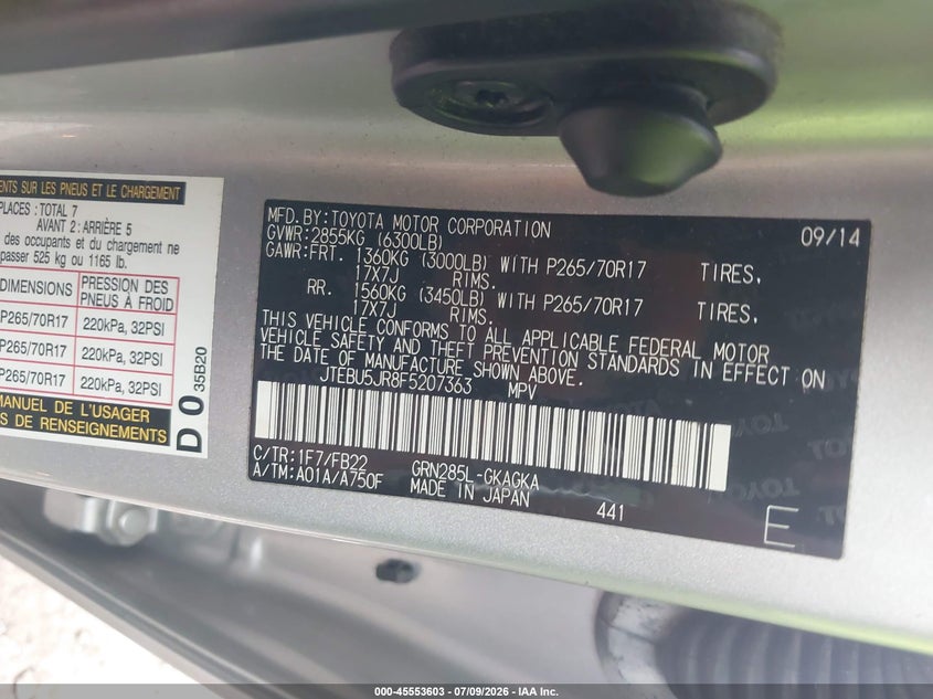 2015 Toyota 4runner VIN JTEBU5JR8F5207363 IAAI salvage auction — LEFT FRONT, Mv-907A (New York), sold $7,000 on 2026-07-28 (photo 9)