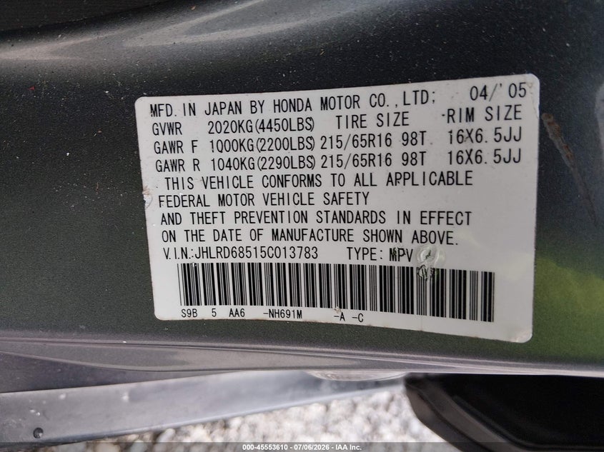 2005 Honda Cr-v VIN JHLRD68515C013783 IAAI salvage auction — NORMAL WEAR, Clear (Georgia), sold $650 on 2026-07-31 (photo 9)
