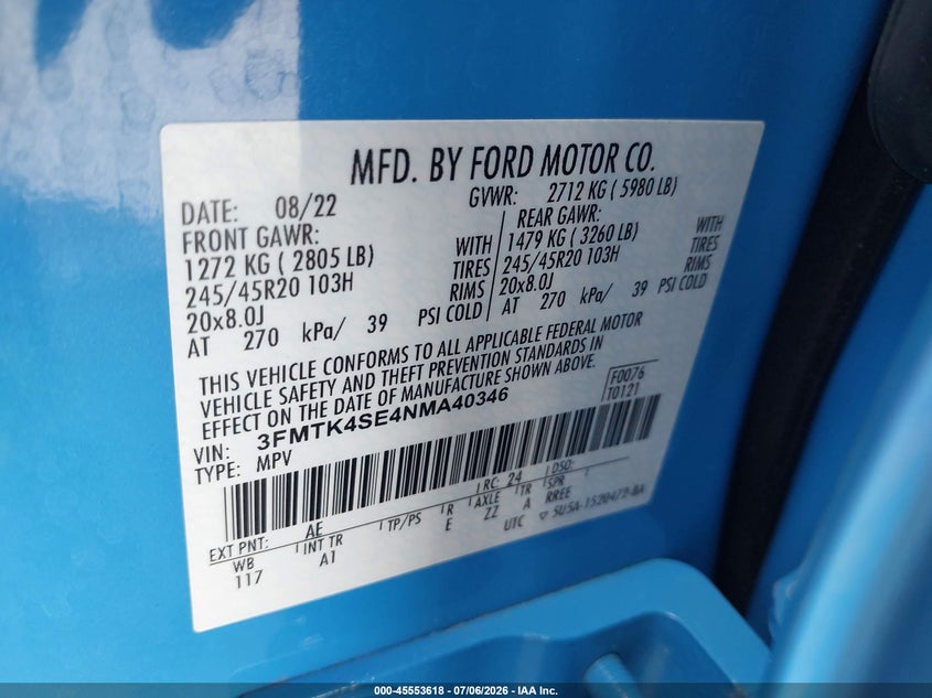 2022 Ford Mustang mach-e VIN 3FMTK4SE4NMA40346 IAAI salvage auction — REAR END, Certificate Of Destruction (Florida), sold $12,150 on 2026-07-16 (photo 9)