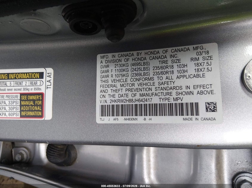 2018 Honda Cr-v VIN 2HKRW2H88JH642417 IAAI salvage auction — LEFT SIDE, Salvage Title, sold $7,200 on 2026-08-22 (photo 9)