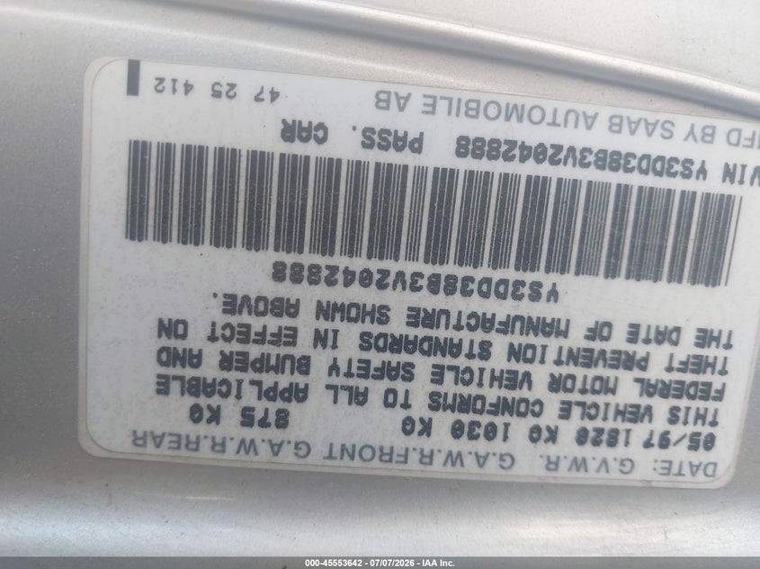 1997 Saab 900 VIN YS3DD38B3V2042888 IAAI salvage auction — NORMAL WEAR, Clear (Utah), sold $300 on 2026-07-16 (photo 9)