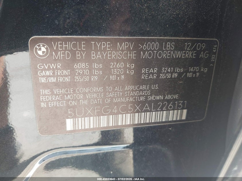2010 BMW X6 VIN 5UXFG4C5XAL226131 IAAI salvage auction — NORMAL WEAR, Clear (Virginia), sold $725 on 2026-07-28 (photo 9)