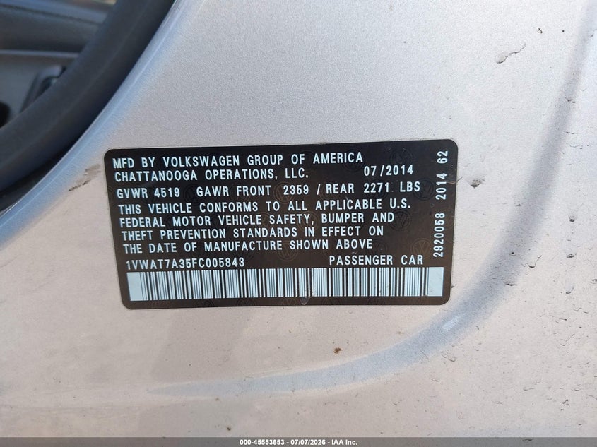 2015 Volkswagen Passat VIN 1VWAT7A35FC005843 IAAI salvage auction — STORM DAMAGE, Clear (Indiana), sold $1,300 on 2026-08-02 (photo 9)