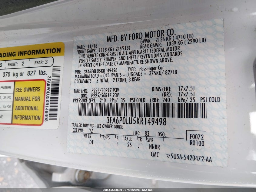 2019 Ford Fusion VIN 3FA6P0LU5KR149498 IAAI salvage auction — NORMAL WEAR, Sf97 (Washington), sold $9,850 on 2026-09-03 (photo 9)