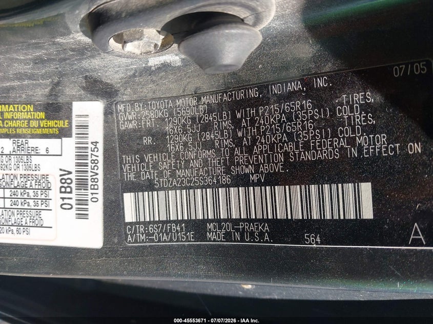 2005 Toyota Sienna VIN 5TDZA23C25S364186 IAAI salvage auction — NORMAL WEAR, Clear (Kansas), sold $525 on 2026-07-29 (photo 9)