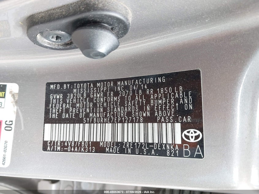 2014 Toyota Corolla VIN 5YFBURHE7EP127178 IAAI salvage auction — REAR END, Salvage - Greater Than 75% (Maryland), sold $3,150 on 2026-07-29 (photo 9)