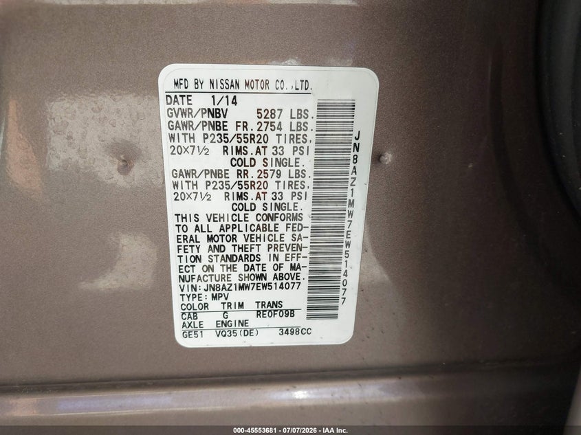 2014 Nissan Murano VIN JN8AZ1MW7EW514077 IAAI salvage auction — REAR END, Salvage (Ohio), sold $1,350 on 2026-07-15 (photo 9)