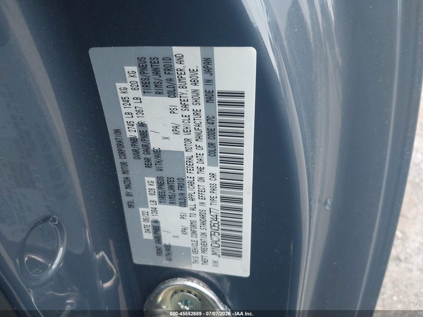 2022 Mazda Mx-5 VIN JM1NDAC75N0504477 IAAI salvage auction — FRONT END, Salvage (Pennsylvania), sold $3,950 on 2026-07-11 (photo 9)