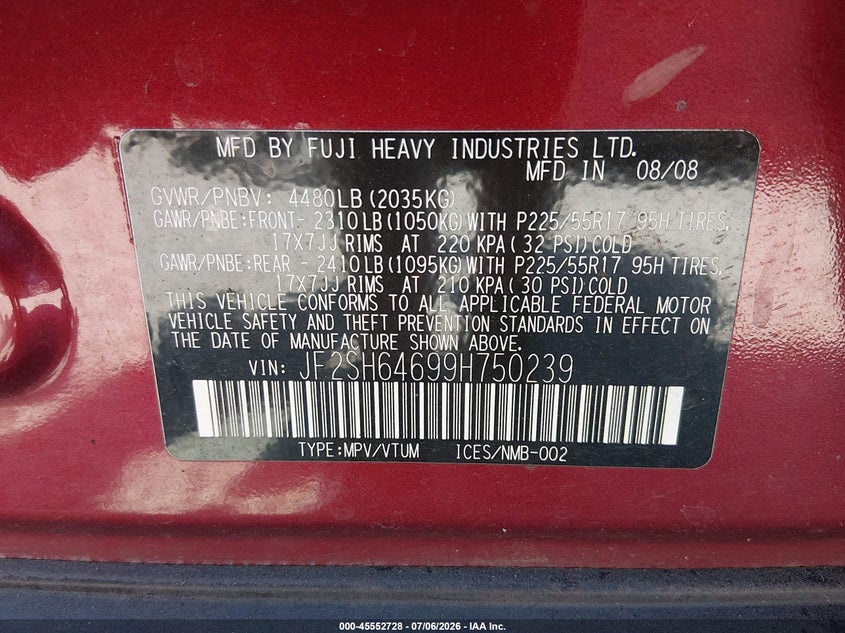 2009 Subaru Forester VIN JF2SH64699H750239 IAAI salvage auction — SIDE, Bill Of Sale (Washington), sold $500 on 2026-07-24 (photo 9)