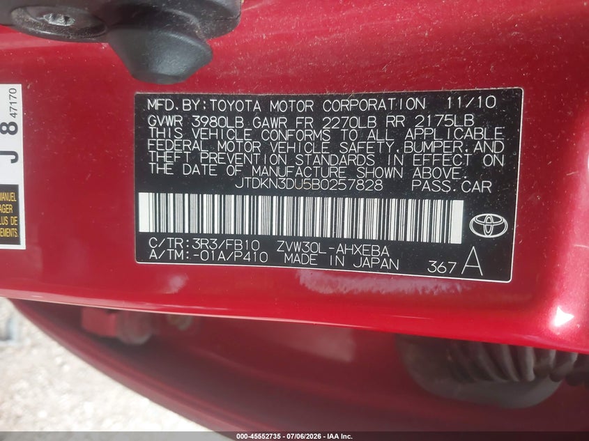 2011 Toyota Prius VIN JTDKN3DU5B0257828 IAAI salvage auction — FRONT END, Clear (Montana), sold $3,500 on 2026-07-15 (photo 9)