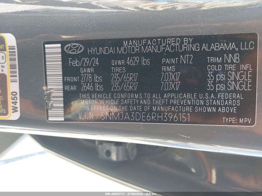 2024 Hyundai Tucson VIN 5NMJA3DE6RH396151 IAAI salvage auction — REAR END, Wait Title, sold $8,100 on 2026-08-25 (photo 9)