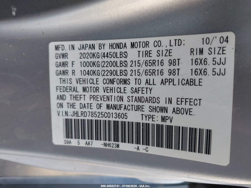 2005 Honda Cr-v VIN JHLRD78525C013605 IAAI salvage auction — LEFT FRONT, Salvage (Arizona), sold $1,050 on 2026-07-28 (photo 9)