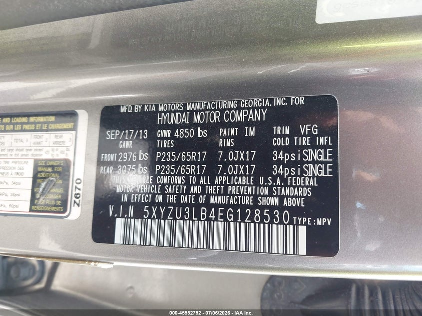 2014 Hyundai Santa fe VIN 5XYZU3LB4EG128530 IAAI salvage auction — FRONT END, Wait Title, sold $2,050 on 2026-08-01 (photo 9)
