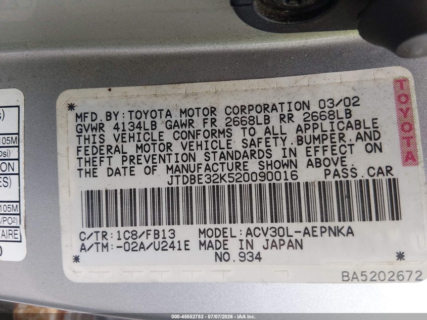 2002 Toyota Camry VIN JTDBE32K520090016 IAAI salvage auction — NORMAL WEAR, Clear (New York), sold $400 on 2026-07-28 (photo 9)