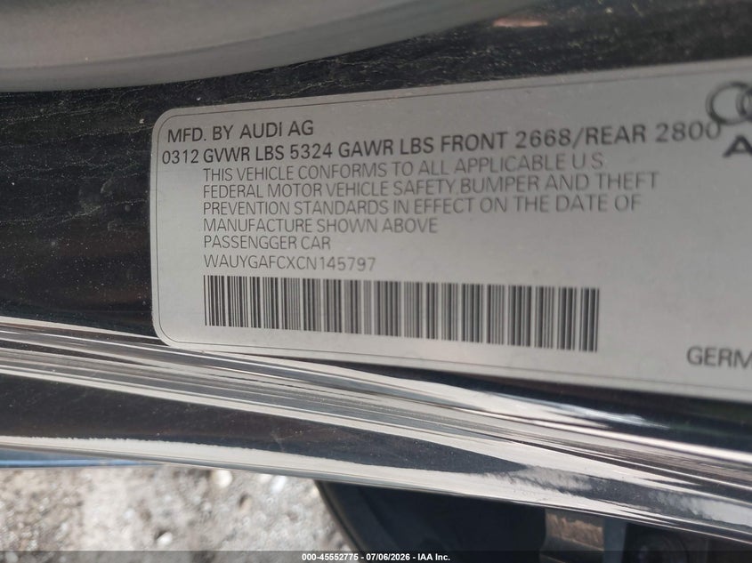 2012 Audi A7 VIN WAUYGAFCXCN145797 IAAI salvage auction — FRONT END, Clear (Indiana), sold $1,225 on 2026-07-29 (photo 9)