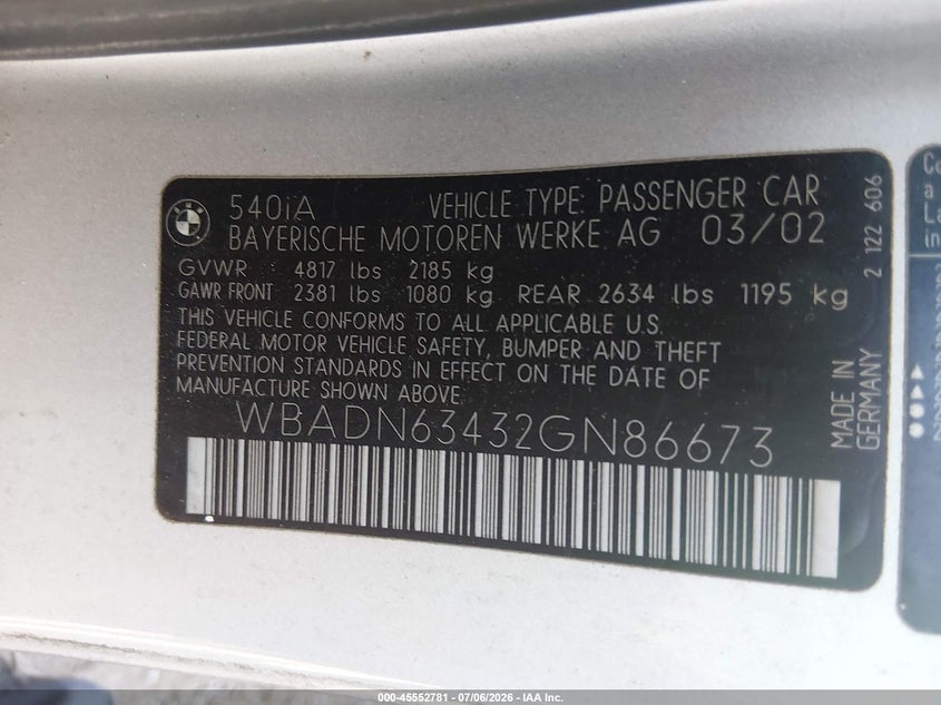 2002 BMW 5 series VIN WBADN63432GN86673 IAAI salvage auction — NORMAL WEAR, Clear-Dealer Only (Arizona), sold $725 on 2026-07-28 (photo 9)