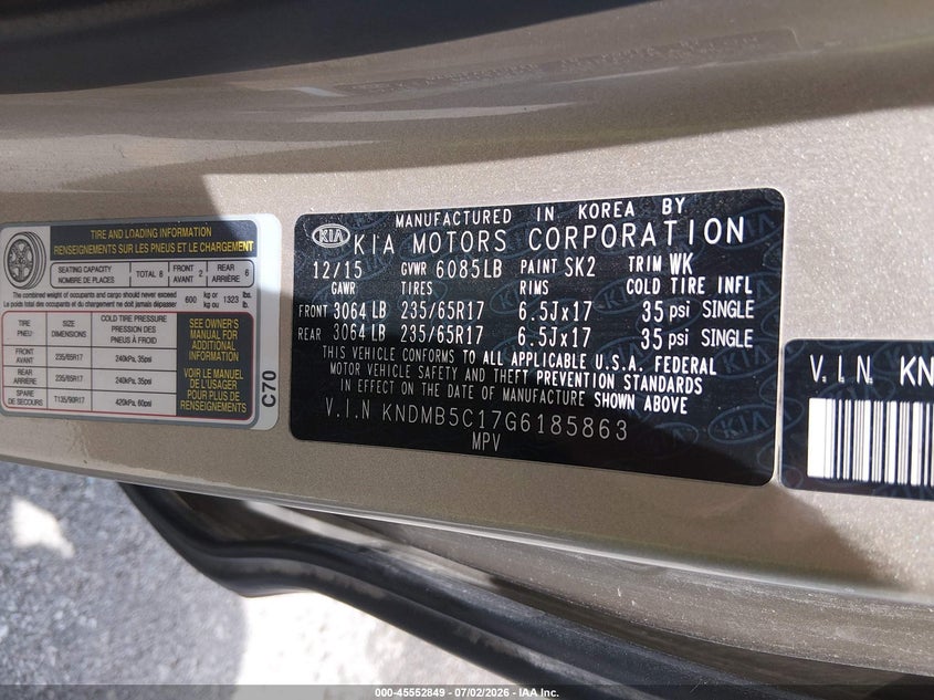 2016 Kia SEDONA VIN KNDMB5C17G6185863 IAAI salvage auction — NORMAL WEAR, Clear (Missouri), sold $1,225 on 2026-07-23 (photo 9)