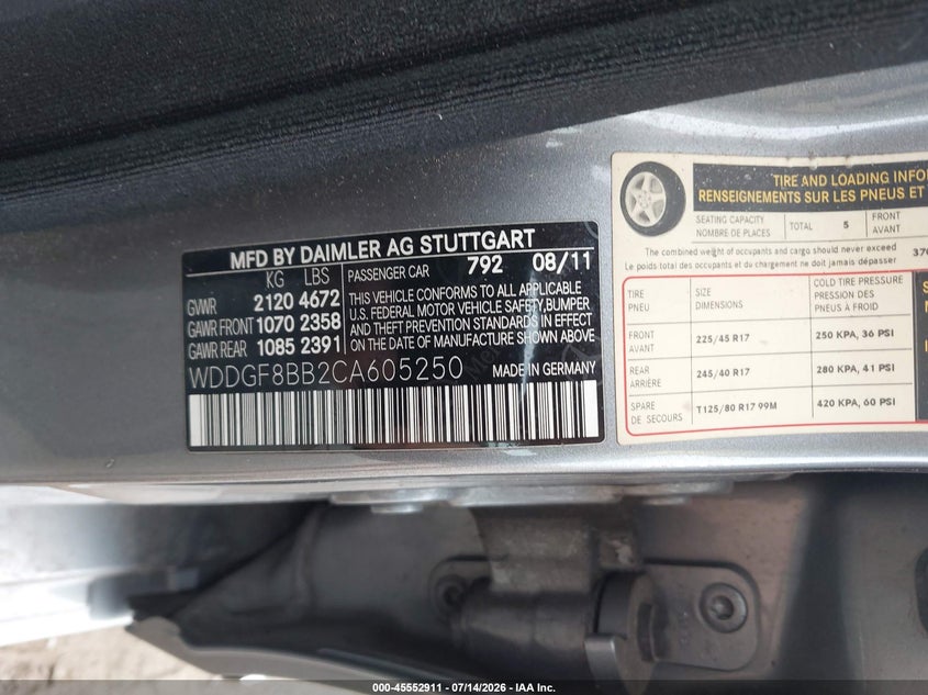 2012 Mercedes-benz C-klasse VIN WDDGF8BB2CA605250 IAAI salvage auction — FRONT END, Mv-907A (New York), sold $525 on 2026-07-28 (photo 9)