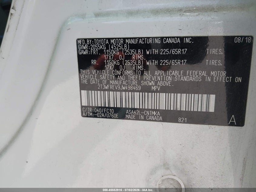 2018 Toyota Rav4 VIN 2T3WFREV9JW498469 IAAI salvage auction — FRONT END, Clear (Missouri), sold $6,000 on 2026-07-17 (photo 9)