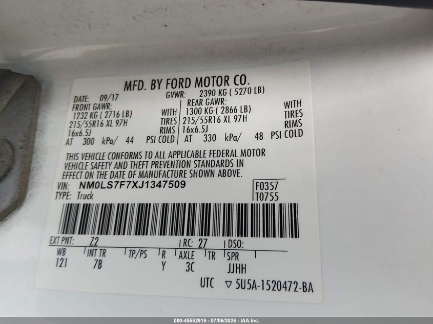 2018 Ford Transit VIN NM0LS7F7XJ1347509 IAAI salvage auction — RIGHT SIDE, Clear (Indiana), sold $1,250 on 2026-07-29 (photo 9)
