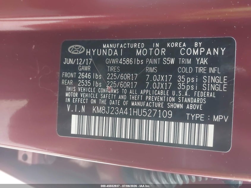 2017 Hyundai Tucson VIN KM8J23A41HU527109 IAAI salvage auction — FRONT END, Clear (Indiana), sold $3,550 on 2026-07-29 (photo 9)