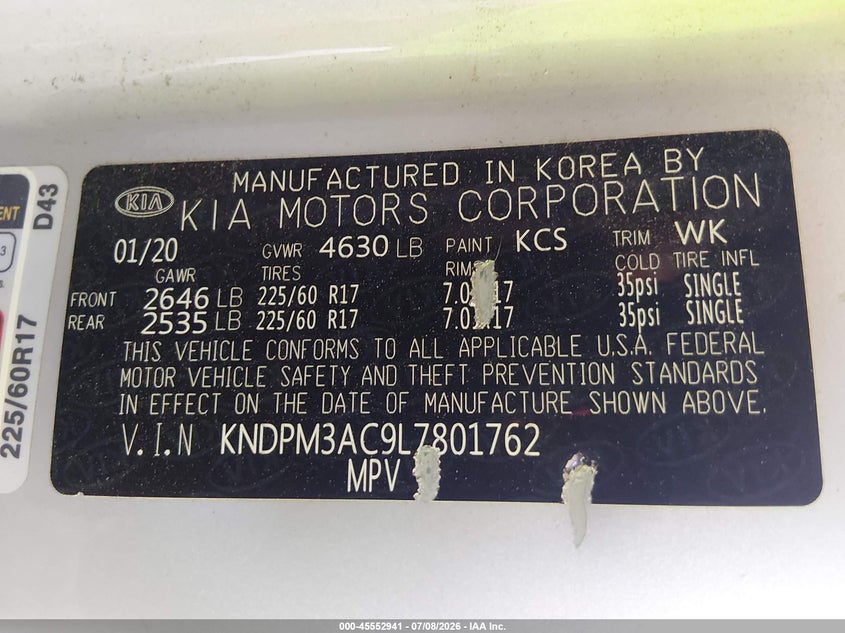 2020 Kia Sportage VIN KNDPM3AC9L7801762 IAAI salvage auction — FRONT END, Salvage Title, sold $2,350 on 2026-08-03 (photo 9)