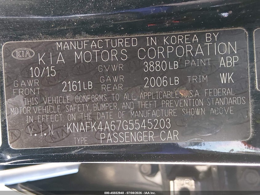2016 Kia Forte VIN KNAFK4A67G5545203 IAAI salvage auction — RIGHT SIDE, Salvage (California), sold $1,400 on 2026-07-20 (photo 9)