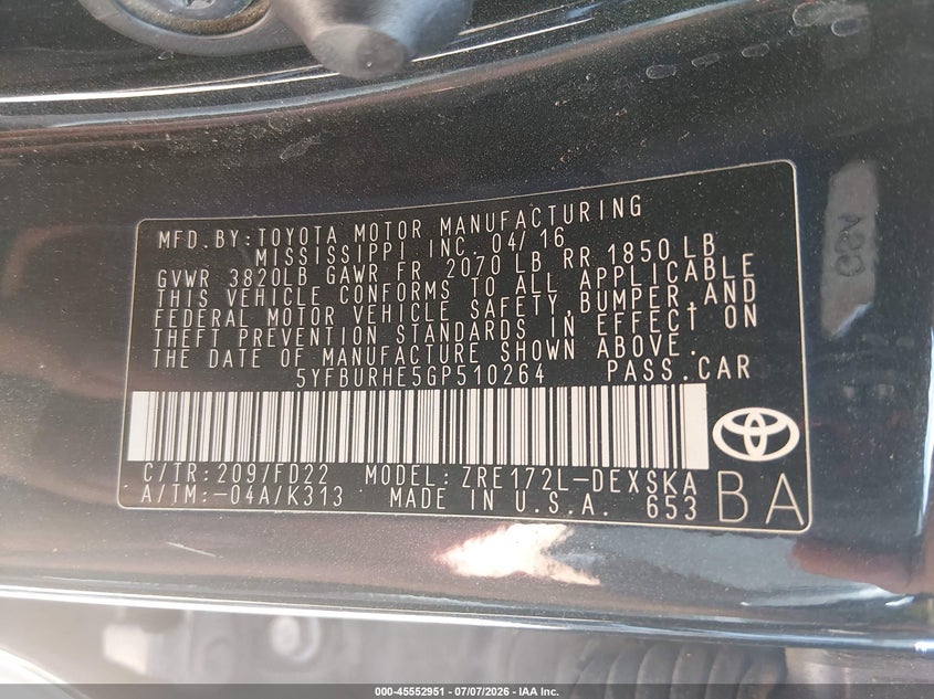 2016 Toyota Corolla VIN 5YFBURHE5GP510264 IAAI salvage auction — NORMAL WEAR, Original (Texas), sold $1,050 on 2026-07-29 (photo 9)