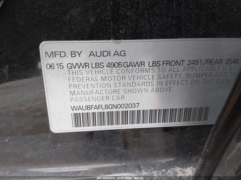 2016 Audi A4 VIN WAUBFAFL8GN002037 IAAI salvage auction — LEFT FRONT, Salvage (Ohio), sold $25 on 2026-07-29 (photo 9)