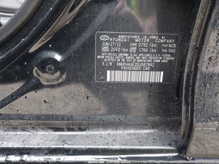 2013 Hyundai Elantra VIN KMHDH4AE2DU587842 IAAI salvage auction — FRONT END, Clear (Massachusetts), sold $350 on 2026-07-28 (photo 9)