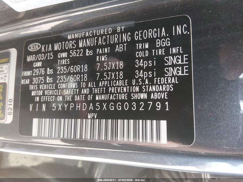 2016 Kia Sorento VIN 5XYPHDA5XGG032791 IAAI salvage auction — NORMAL WEAR, Clear - Dealer Only (California), sold $1,300 on 2026-07-29 (photo 9)