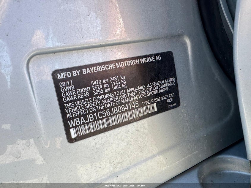 2018 BMW 5er VIN WBAJB1C56JB084145 IAAI salvage auction — UNKNOWN, Clear (Pennsylvania), sold $4,800 on 2026-07-29 (photo 9)