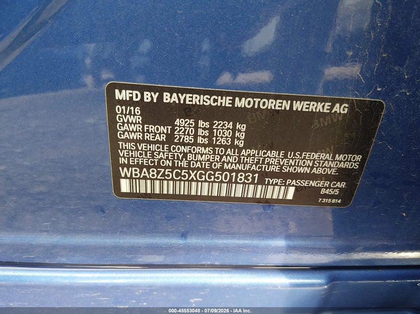 2016 BMW 3er VIN WBA8Z5C5XGG501831 IAAI salvage auction — UNDERCARRIAGE, Salvage (Ohio), sold $3,750 on 2026-08-12 (photo 9)