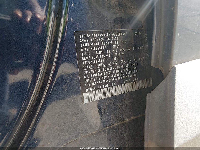 2014 Volkswagen Tiguan VIN WVGAV3AX1EW587697 IAAI salvage auction — NORMAL WEAR, Clear (Louisiana), sold $375 on 2026-07-28 (photo 9)