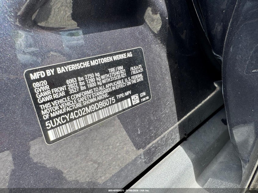 2021 BMW X6 VIN 5UXCY4C02M9D86075 IAAI salvage auction — ALL OVER, Clear (Florida), sold $15,975 on 2026-07-29 (photo 9)