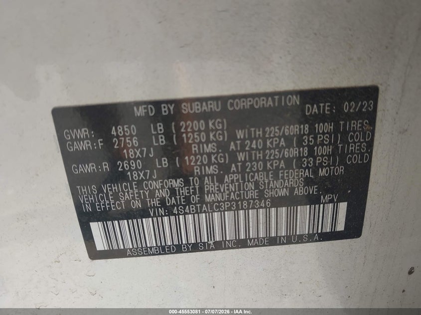 2023 Subaru Outback VIN 4S4BTALC3P3187346 IAAI salvage auction — LEFT SIDE, Rebuildable (Florida), sold $8,200 on 2026-07-30 (photo 9)