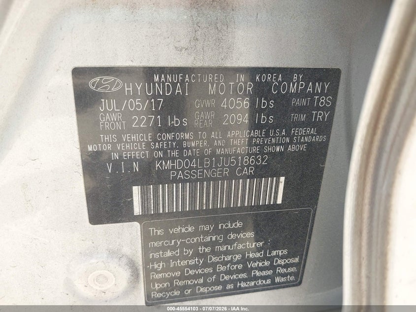 2018 Hyundai Elantra VIN KMHD04LB1JU518632 IAAI salvage auction — FRONT END, Salvage Title, sold $1,600 on 2026-07-31 (photo 9)