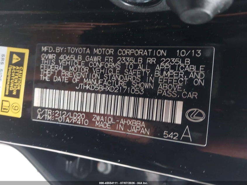 2013 Lexus Ct VIN JTHKD5BHXD2171053 IAAI salvage auction — FRONT END, Clear (Massachusetts), sold $4,050 on 2026-07-11 (photo 9)
