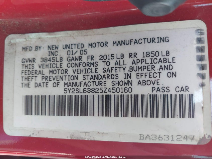 2005 Pontiac Vibe VIN 5Y2SL63825Z450160 IAAI salvage auction — MECHANICAL, Clear (Tennessee), sold $150 on 2026-07-30 (photo 9)