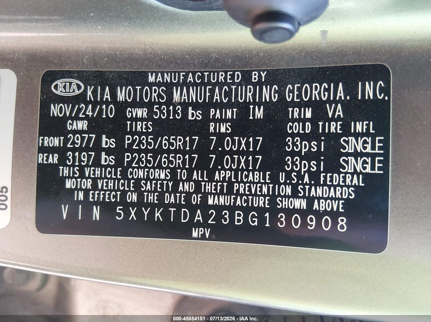 2011 Kia Sorento VIN 5XYKTDA23BG130908 IAAI salvage auction — NORMAL WEAR, Regular Certificate (Iowa), sold $500 on 2026-07-27 (photo 9)