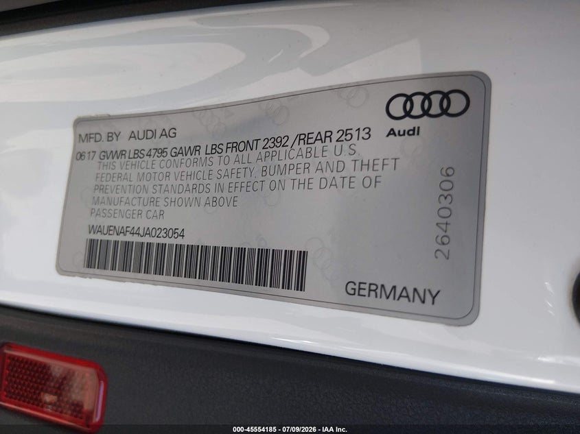 2018 Audi A4 VIN WAUENAF44JA023054 IAAI salvage auction — REAR END, Salvage (California), sold $3,050 on 2026-07-30 (photo 9)