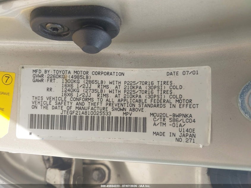 2001 Toyota Highlander VIN JTEGF21A810025533 IAAI salvage auction — NORMAL WEAR, Clear (Pennsylvania), sold $400 on 2026-07-28 (photo 9)