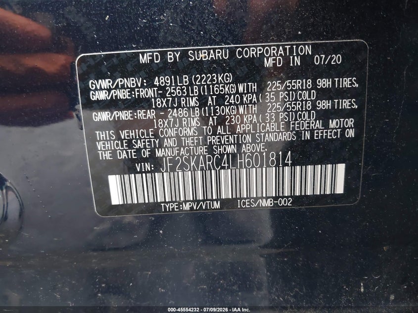 2020 Subaru Forester VIN JF2SKARC4LH601814 IAAI salvage auction — FRONT & REAR, Salvage (Pennsylvania), sold $5,950 on 2026-07-31 (photo 9)