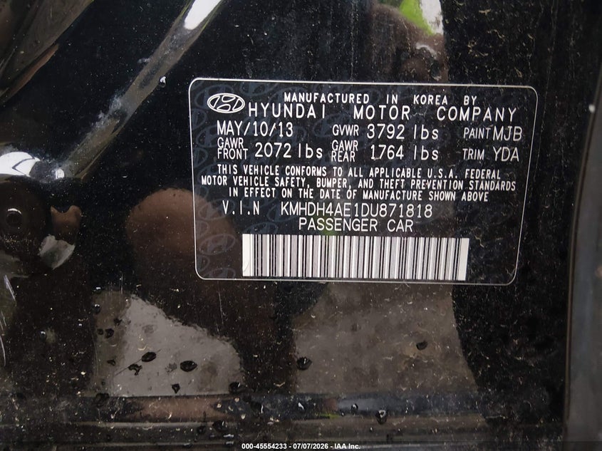 2013 Hyundai Elantra VIN KMHDH4AE1DU871818 IAAI salvage auction — NORMAL WEAR, Clear (Virginia), sold $550 on 2026-07-30 (photo 9)