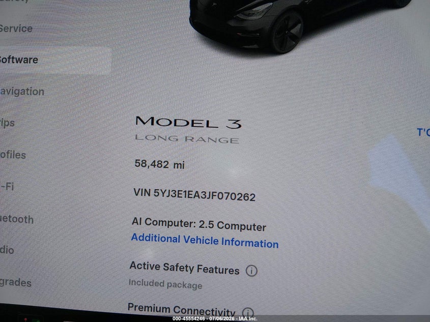 2018 Tesla Model 3 VIN 5YJ3E1EA3JF070262 IAAI salvage auction — LEFT SIDE, Salvage Title, sold $3,650 on 2026-07-29 (photo 7)
