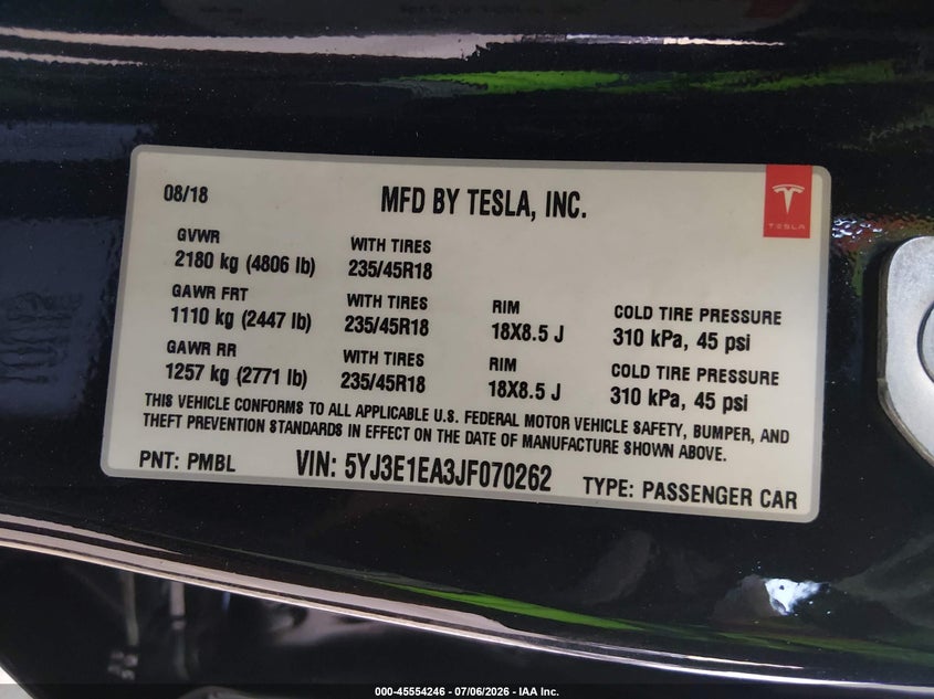 2018 Tesla Model 3 VIN 5YJ3E1EA3JF070262 IAAI salvage auction — LEFT SIDE, Salvage Title, sold $3,650 on 2026-07-29 (photo 9)